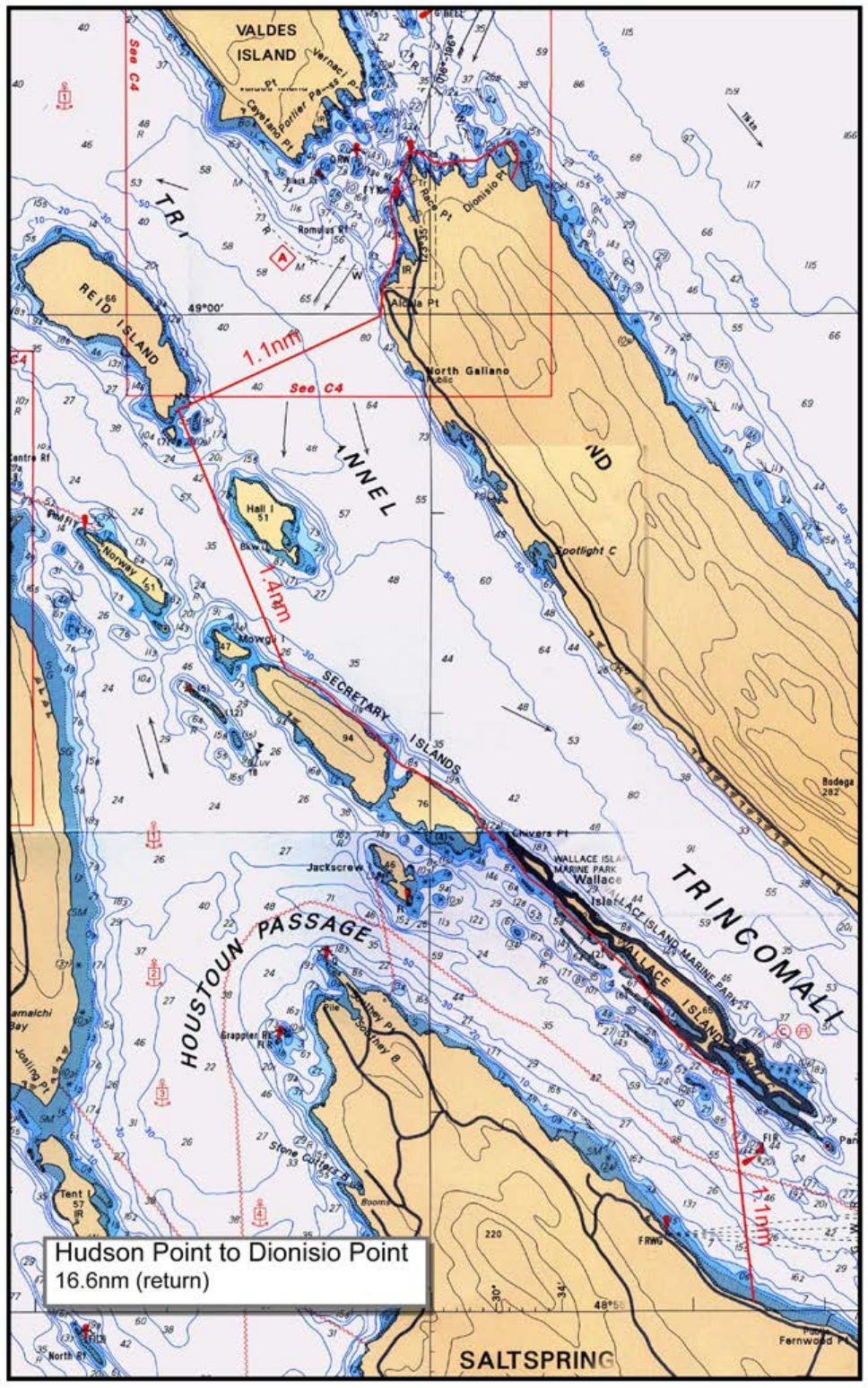 Route map: Hudson Point (Saltspring Island) to Dionisio Point (Galiano Island)