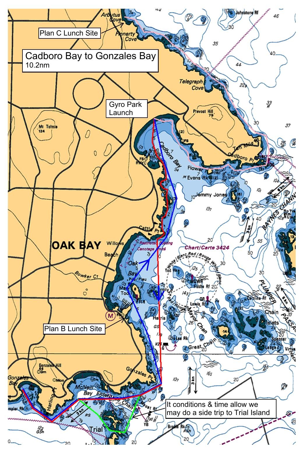 Route map: Cadboro Bay to Gonzales Bay