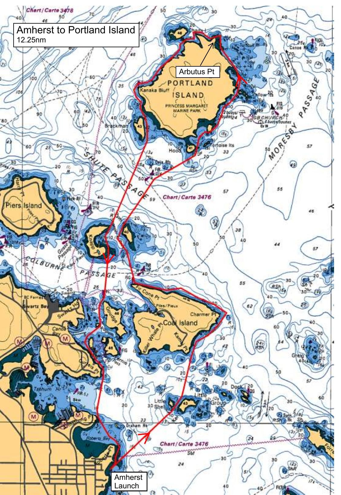 Route map: Amherst to Portland Island
