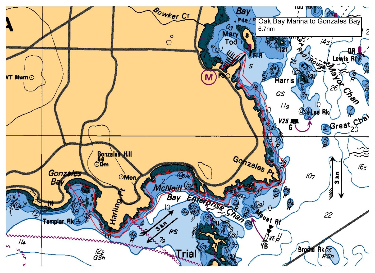 Route map: Oak Bay Marina to Gonzales Bay